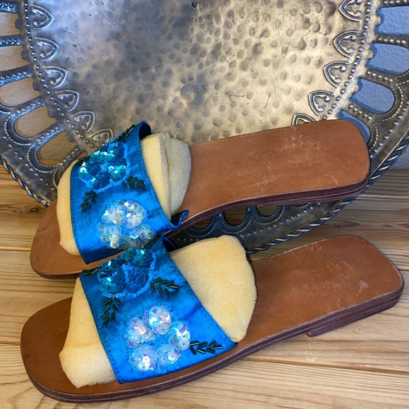 NEW! Turquoise Floral Beaded Embellished Sequined Slides Sandals Flats Size 5 - Picture 3 of 14